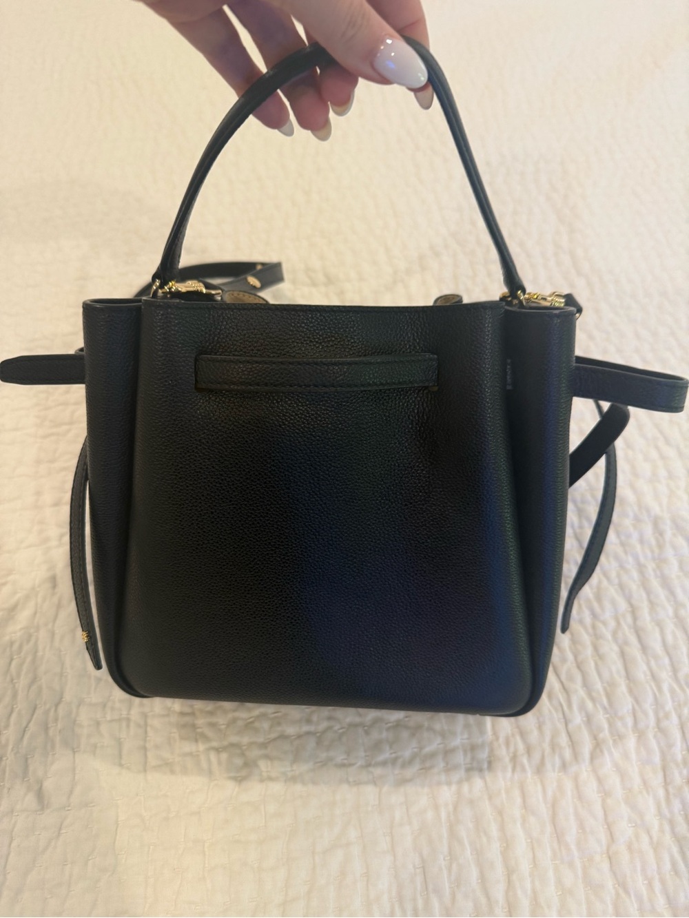 Like NEW - Tory Burch Black Pebbled Leather Drawstring Satchel with Gold-Tone - Picture 10 of 13